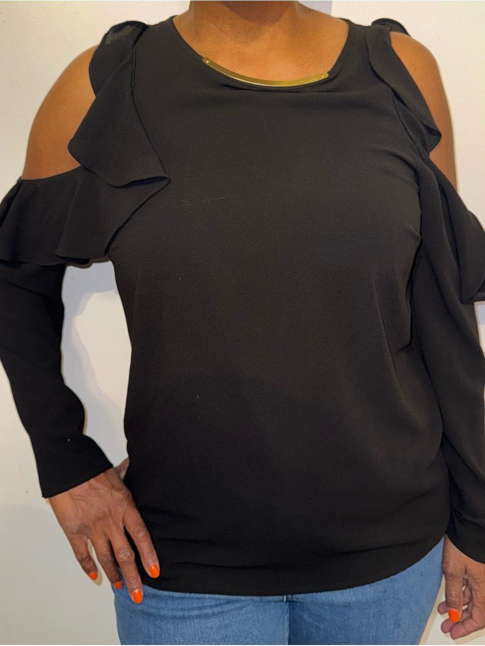 MICHAEL Michael Kors Black Cold-Shoulder Ruffle Top with Gold Trim